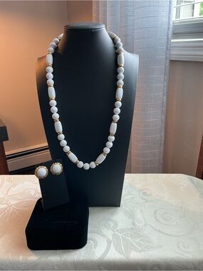 Napier White & Gold Tone Necklace and Marvella White & Gold Pierced Earrings Set